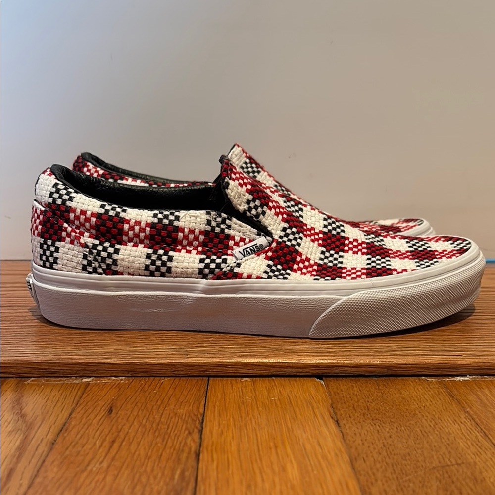 Unisex Vans classic slip on checker plaid sneakers in red, black, & white